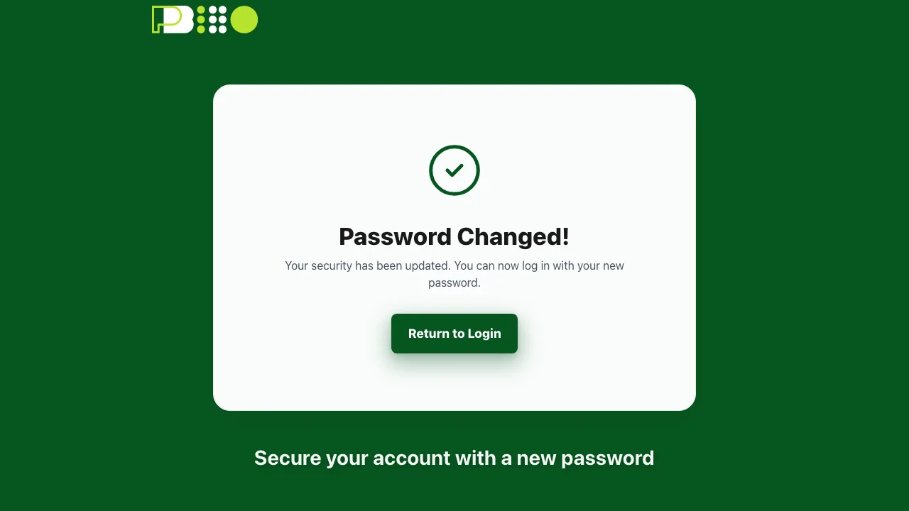 The password changed confirmation, with a return to login button