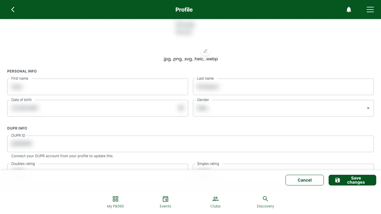 The Edit Profile page showing the Personal info section with first name, last name, date of birth and gender, values blurred