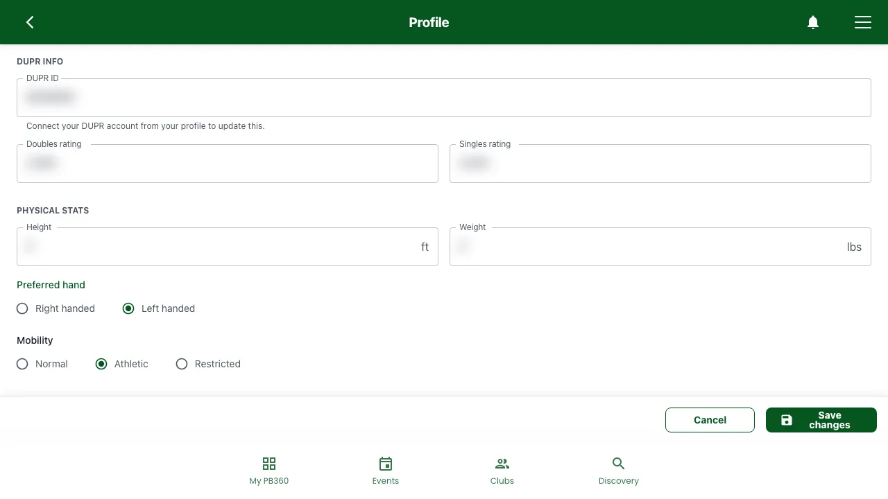 The DUPR info and Physical stats sections of Edit Profile, with Left handed selected and a Save changes button
