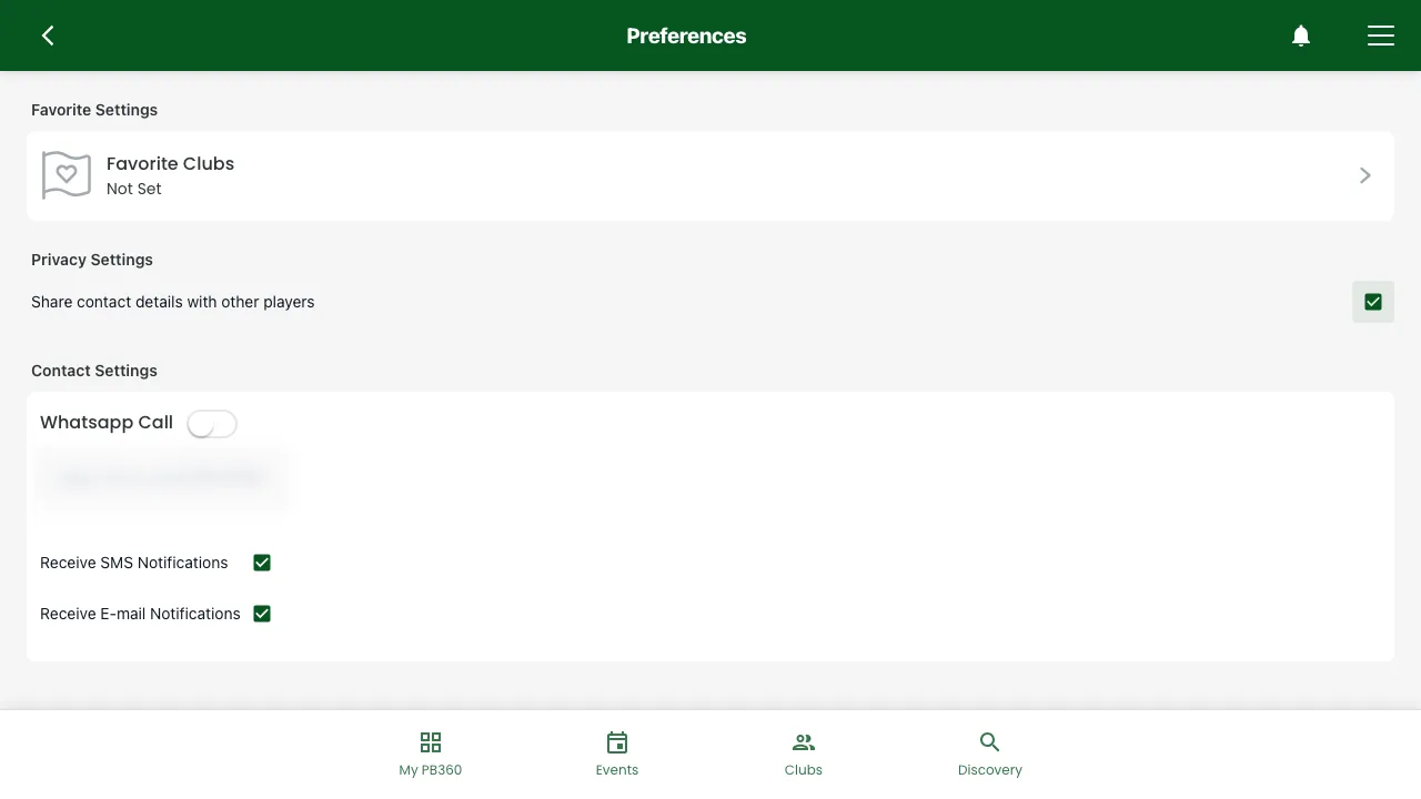 The Preferences page with Share contact details with other players checked under Privacy Settings
