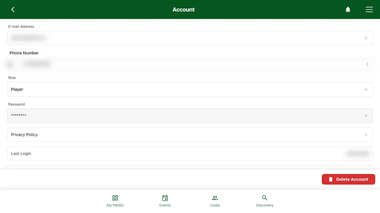 The Account page with the email address, phone number and password rows, values blurred