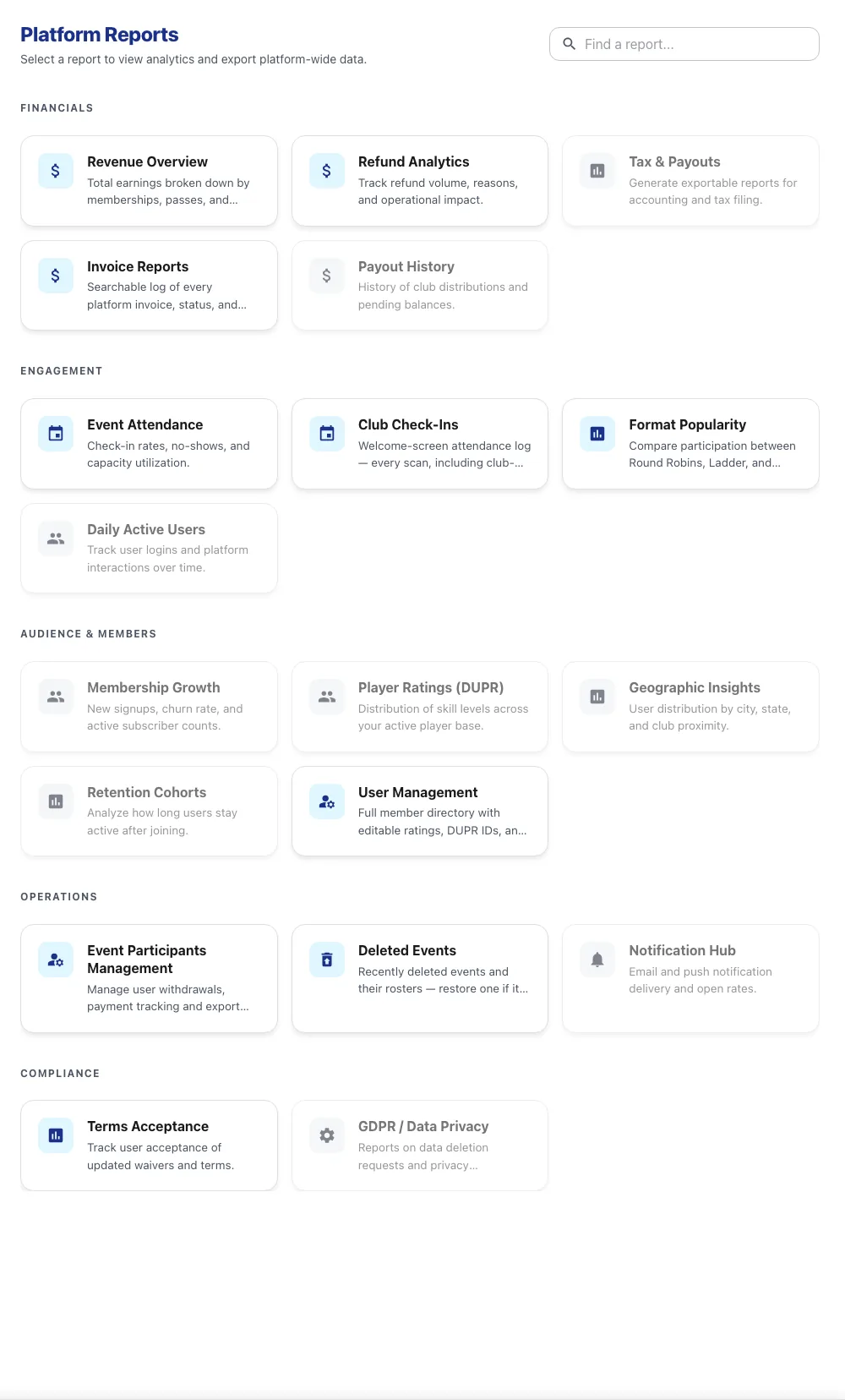 The Platform Reports page showing report cards grouped by category