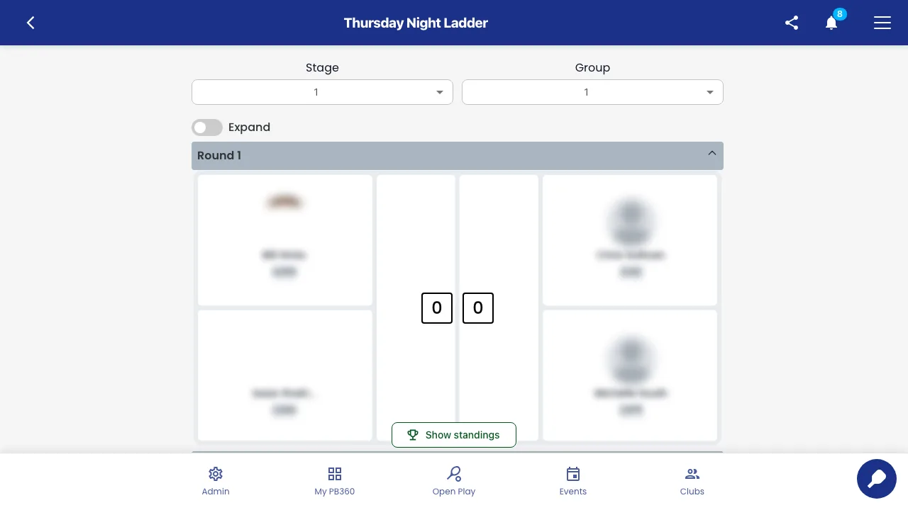 The manager view of an event schedule, showing one round with a match and a score box for each team