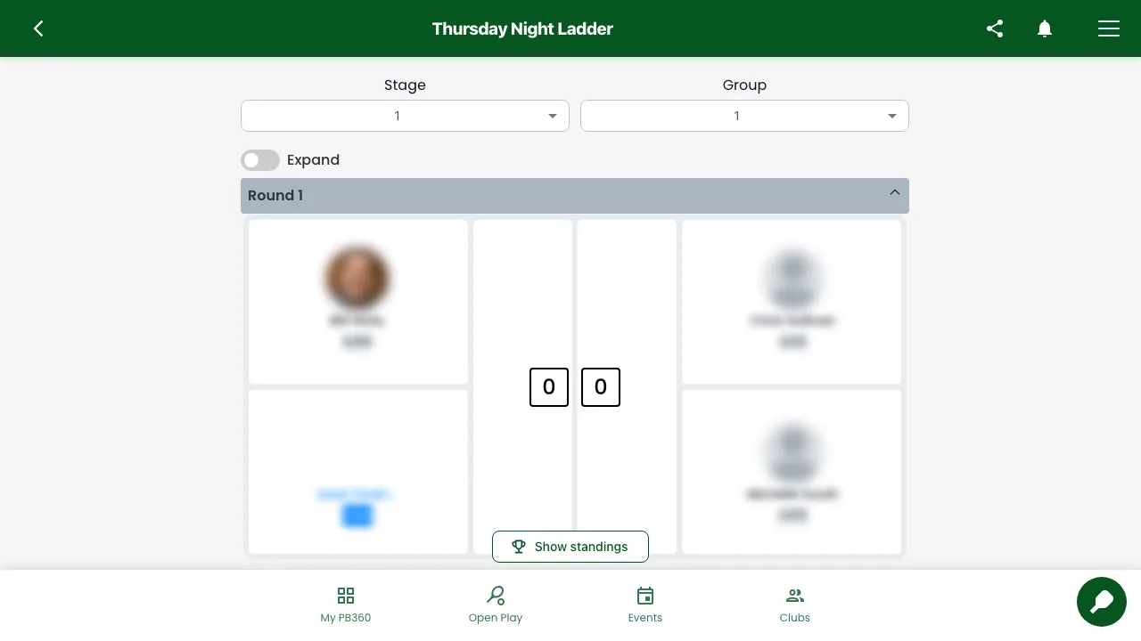 A player's event schedule showing one round with a match and a score box for each team