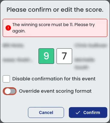 The same refused score with the override event scoring format toggle switched on