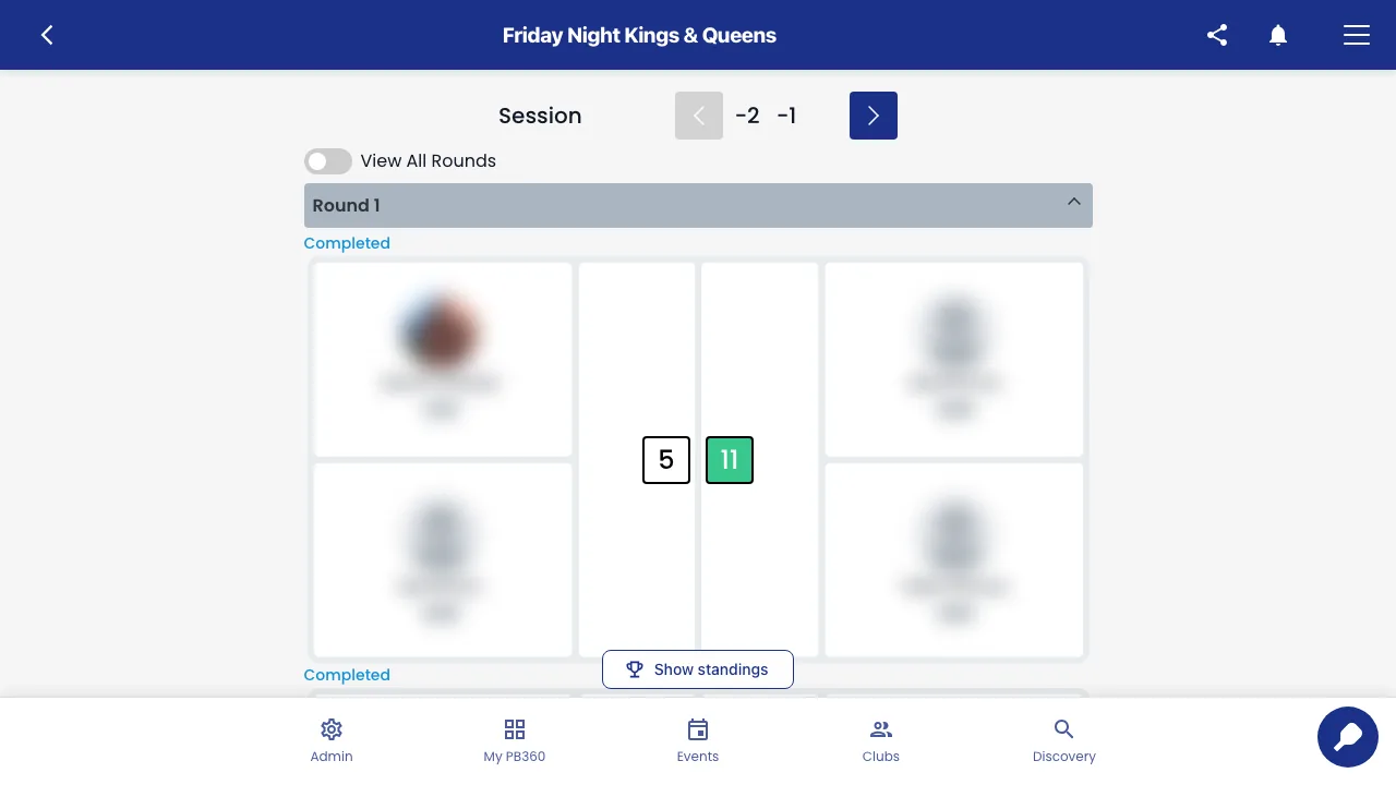 The manager schedule with Round 1 open and the corrected score on its first court, player names blurred